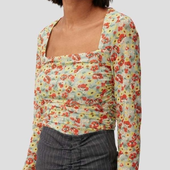 Ganni Top Printed Mesh Ruched Blouse Long Floral Sheer Meadow Celadon 42 NWT - Picture 1 of 8